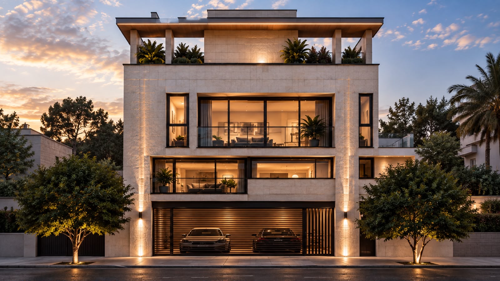 Illuminated modern building