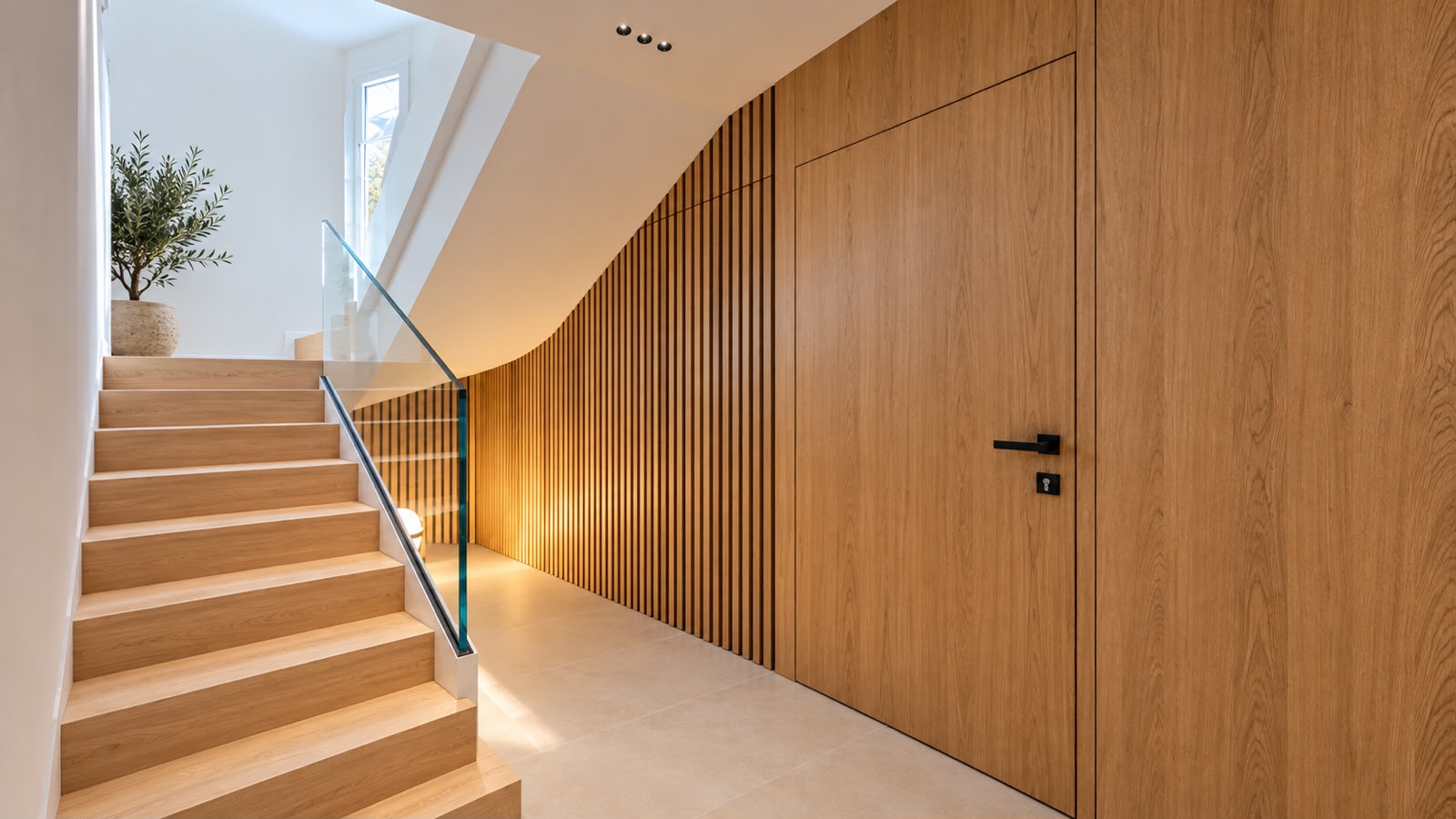 Interior staircase and wooden wall