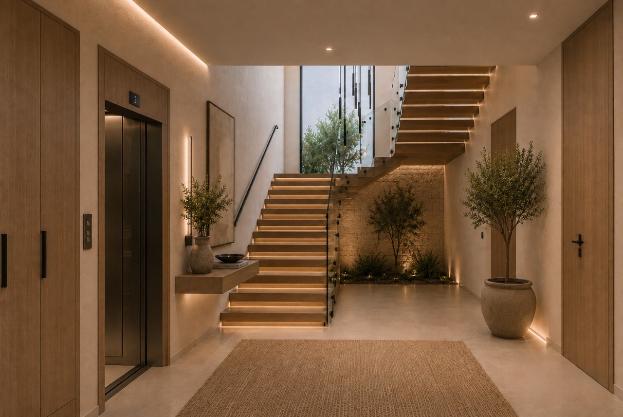 Entrance hall, staircase and private lift